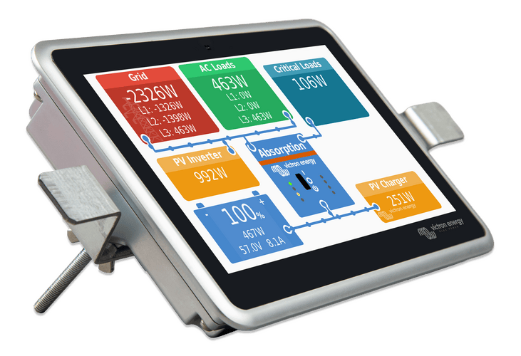 Front perspective view of Ekrano GX with steel mounting bracket pre-installed