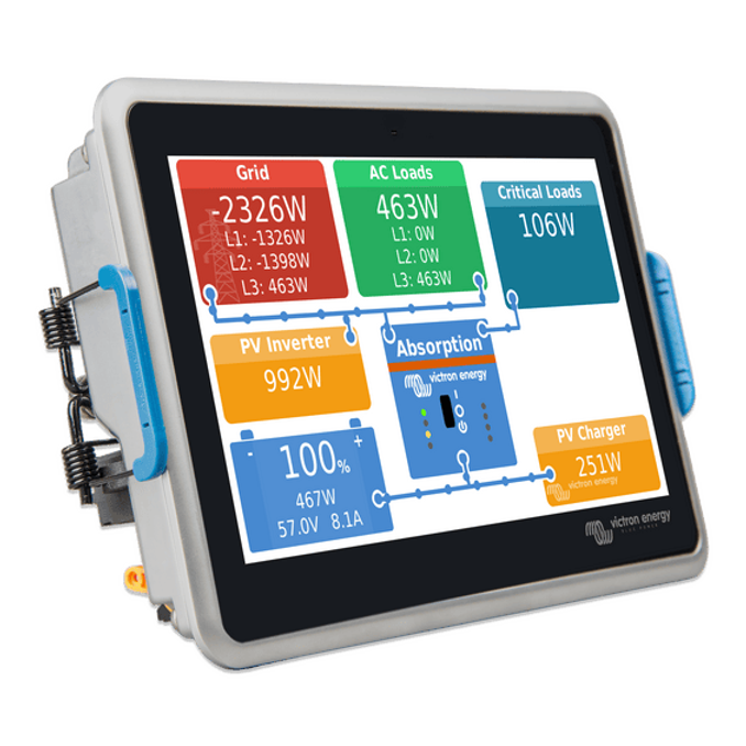 Side perspective of Ekrano GX unit with blue mounting clips attached