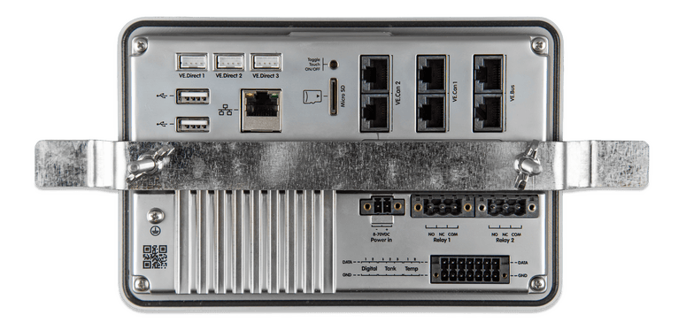 Rear view of Ekrano GX communication centre with steel bracket mounting system