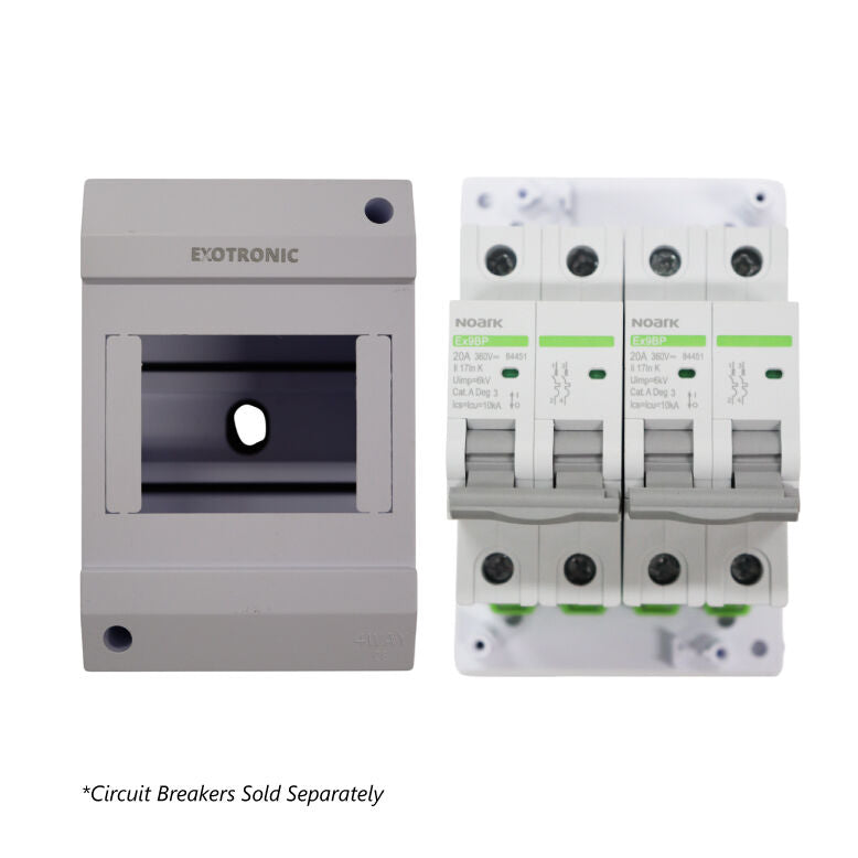 Front view of empty enclosure compared to one populated with four example circuit breakers