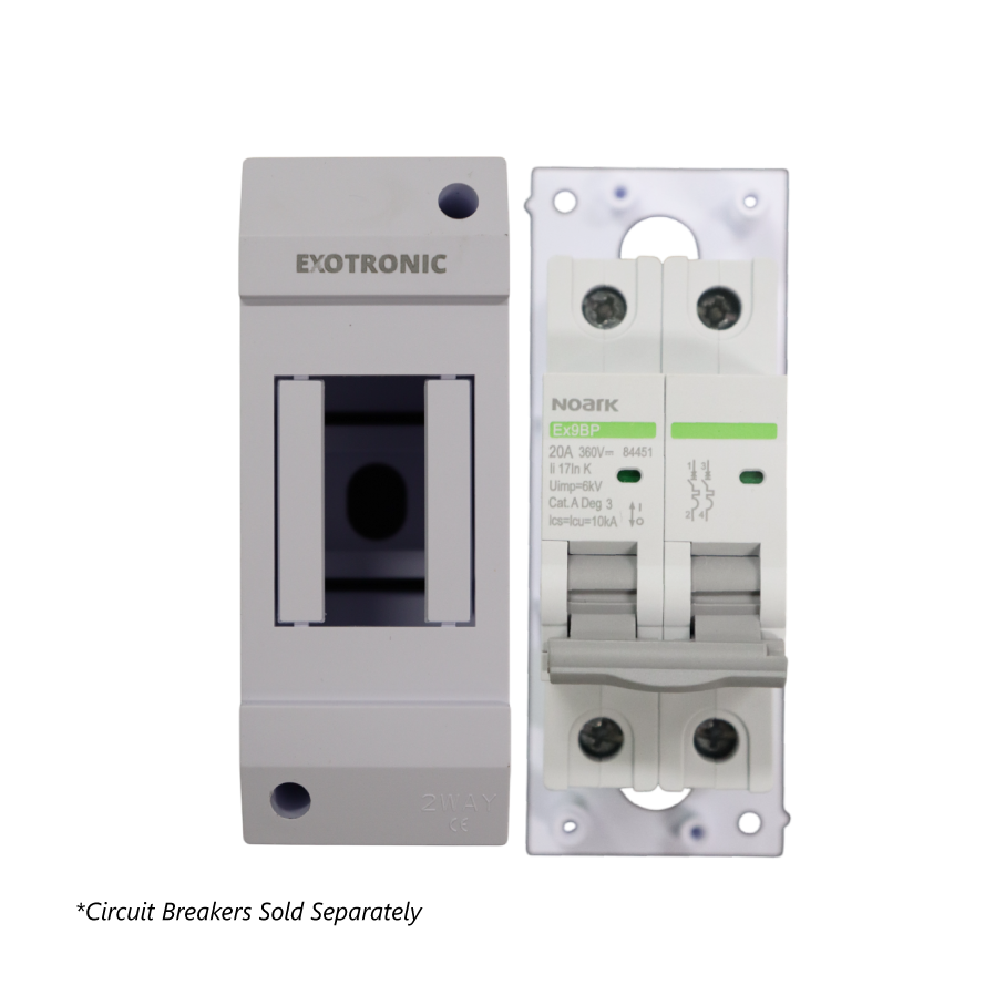 Exotronic 2-way enclosure displayed next to a compatible Noark 2-pole circuit breaker for size comparison