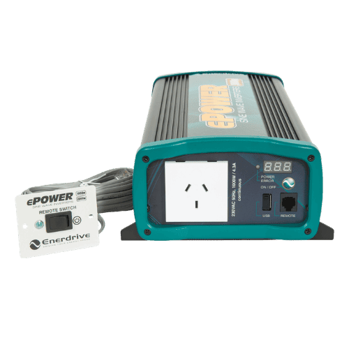 Enerdrive 1000W inverter front view with AC outlet, USB port and wired remote switch
