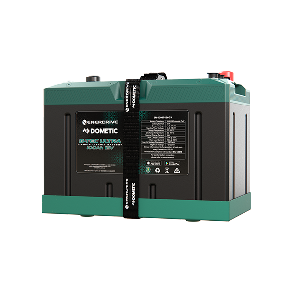 Front view of Enerdrive 12V 100Ah B-TEC Ultra lithium battery with green IP67 casing and mounting strap