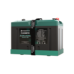 Front view of Enerdrive 12V 100Ah B-TEC Ultra lithium battery with green IP67 casing and mounting strap