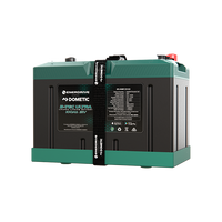 Front view of Enerdrive 12V 100Ah B-TEC Ultra lithium battery with green IP67 casing and mounting strap