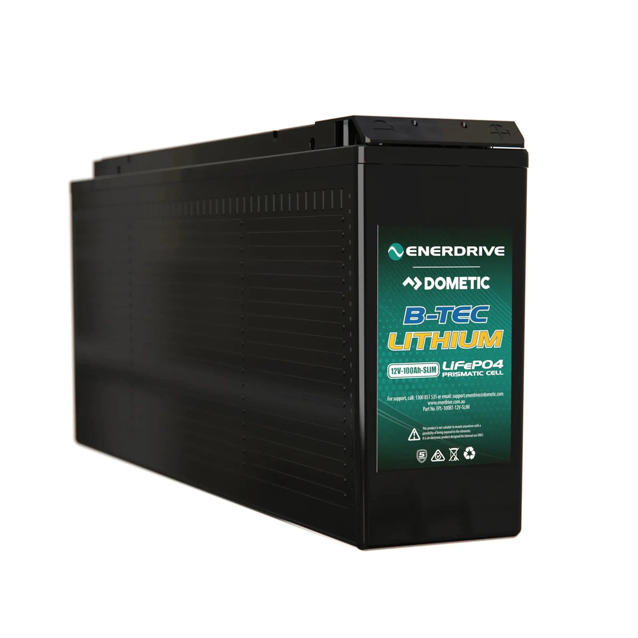 Enerdrive B-TEC 12V 100Ah slim lithium battery in high-impact black ABS plastic case