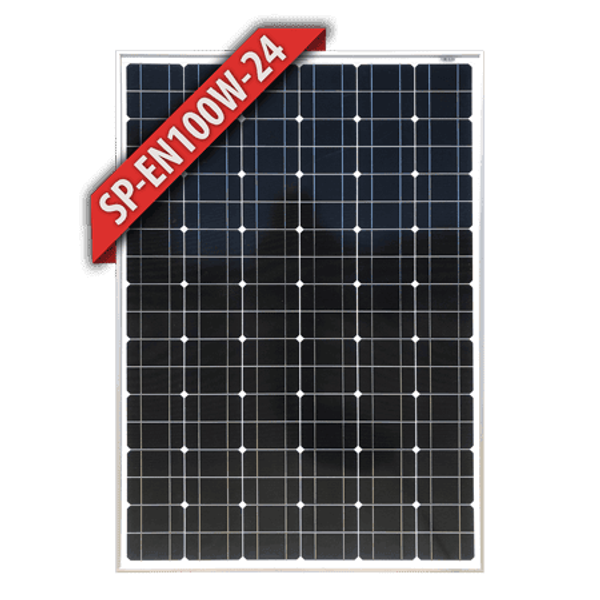 Front view of Enerdrive 24V 100W monocrystalline fixed solar panel with black frame and protective glass