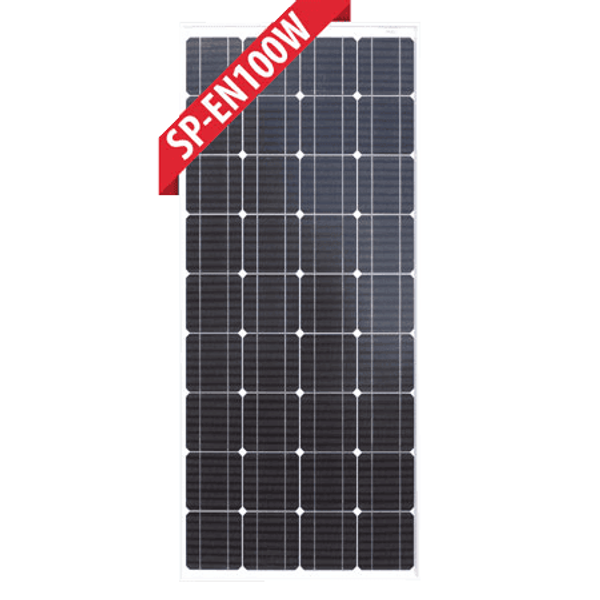 Front view of Enerdrive 100W monocrystalline fixed solar panel with silver frame