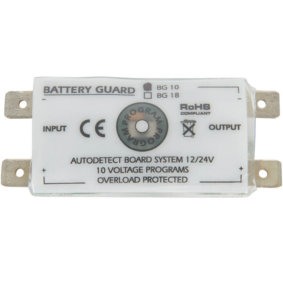 Top-down view of 10A Enerdrive battery guard with metal connection tabs and central program dial