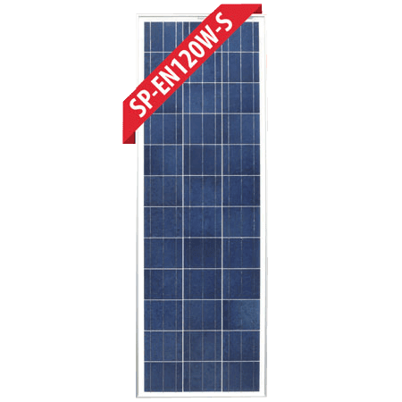 Front view of 120W polycrystalline solar panel with silver frame and blue cells