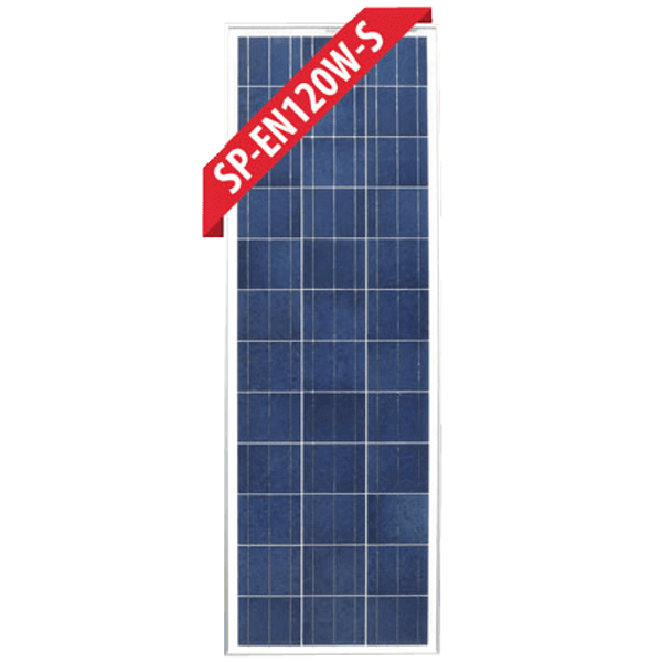 Front view of 120W polycrystalline solar panel with silver frame and blue cells