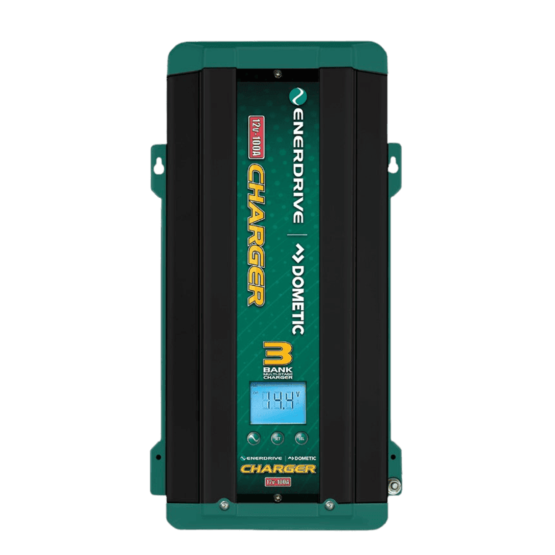 Front view of Enerdrive 12V 100A multi-bank battery charger showing digital display and status indicators