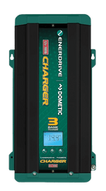 Front view of Enerdrive 12V 100A multi-bank battery charger showing digital display and status indicators