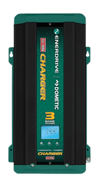 Front view of Enerdrive 12V 100A multi-bank battery charger showing digital display and status indicators