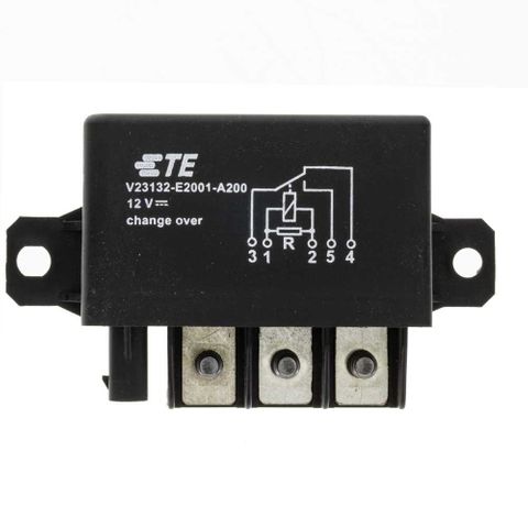 Front view of black Enerdrive 12V 150A change over relay with terminal studs and circuit diagram