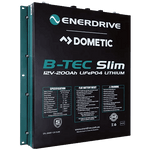 Angled view of 12V 200Ah slimline lithium battery showing mounting flanges and rugged metal casing