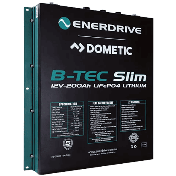 Angled view of 12V 200Ah slimline lithium battery showing mounting flanges and rugged metal casing