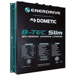 Angled view of 12V 200Ah slimline lithium battery showing mounting flanges and rugged metal casing