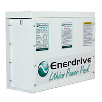 Enerdrive 12V 200Ah compact lithium battery in white enclosure with technical and safety labels