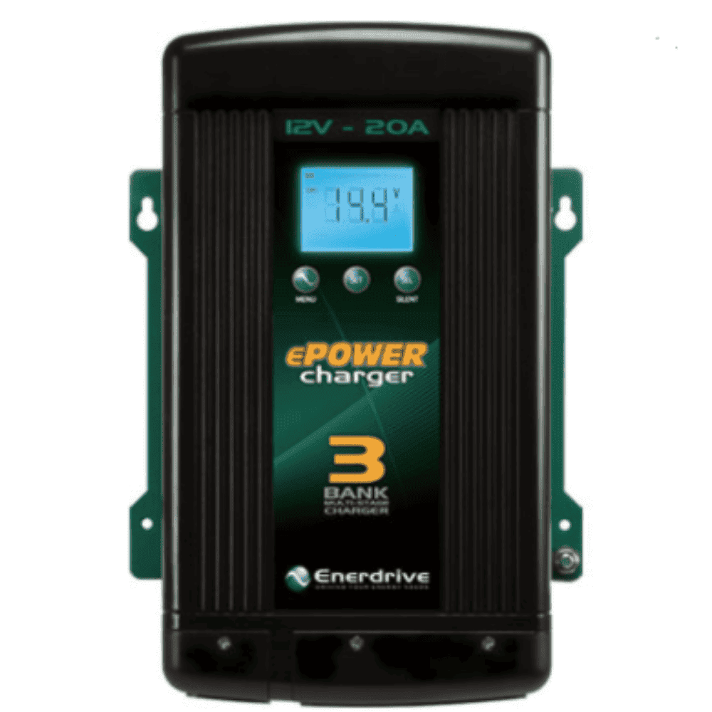 Front view of Enerdrive 12V 20A multi-bank battery charger with LCD display