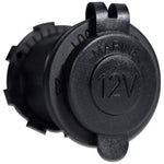 Black round 12V DC power outlet socket with protective marine-grade cap and mounting nut