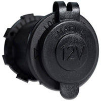 Black round 12V DC power outlet socket with protective marine-grade cap and mounting nut