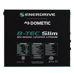 Front view of Enerdrive 12V 300Ah B-TEC Slimline battery with specifications and reset instructions