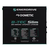 Front view of Enerdrive 12V 300Ah B-TEC Slimline battery with specifications and reset instructions