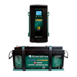 Enerdrive 12V 300Ah lithium battery in mounting tray paired with a 12V 60A 3-bank AC battery charger