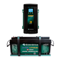 Enerdrive 12V 300Ah lithium battery in mounting tray paired with a 12V 60A 3-bank AC battery charger