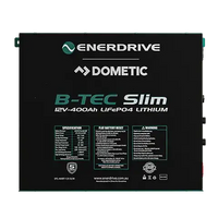 Front view of black 12V 400Ah slimline lithium battery with detailed specification and warning labels