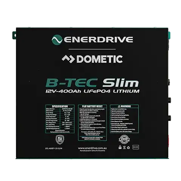 Front view of black 12V 400Ah slimline lithium battery with detailed specification and warning labels