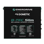 Front view of black 12V 400Ah slimline lithium battery with detailed specification and warning labels