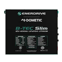 Front view of black 12V 400Ah slimline lithium battery with detailed specification and warning labels