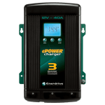 Front view of 12V 40A battery charger showing LCD screen, control buttons and cooling fins