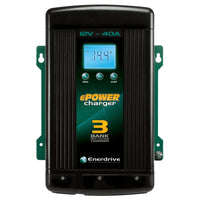 Front view of 12V 40A battery charger showing LCD screen, control buttons and cooling fins