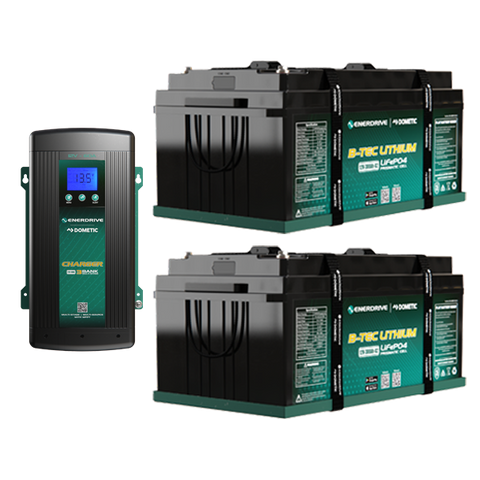 Enerdrive 12V 600Ah lithium battery kit including two 300Ah B-TEC G3 batteries and a 60A ePOWER AC charger