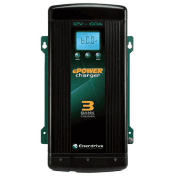 Front view of 12V 60A battery charger showing LCD display and mounting points