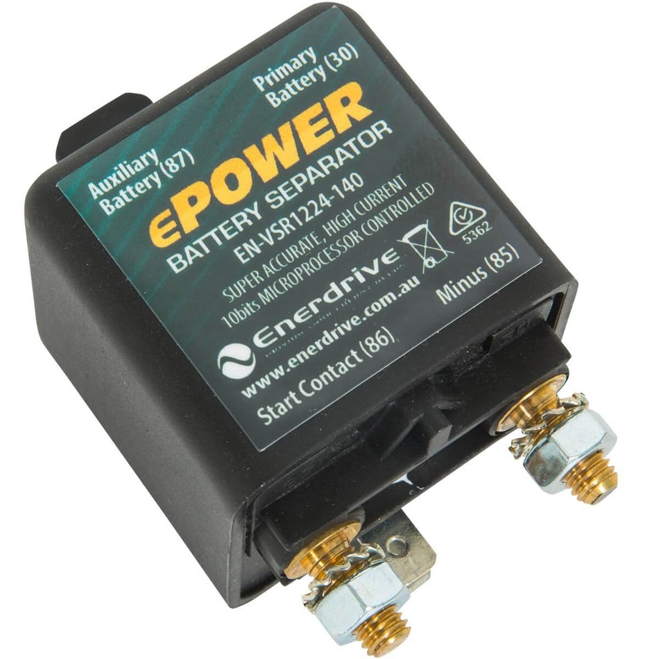 Enerdrive 140A 12/24V voltage sensitive relay battery separator with M6 brass terminals and microprocessor control