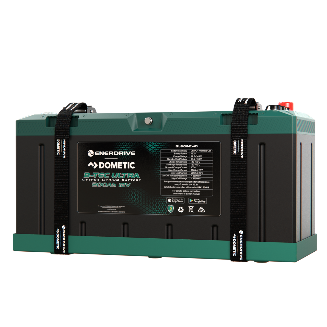 Front angle of Enerdrive 200Ah lithium battery in mounting tray with straps