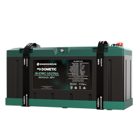 Front angle of Enerdrive 200Ah lithium battery in mounting tray with straps