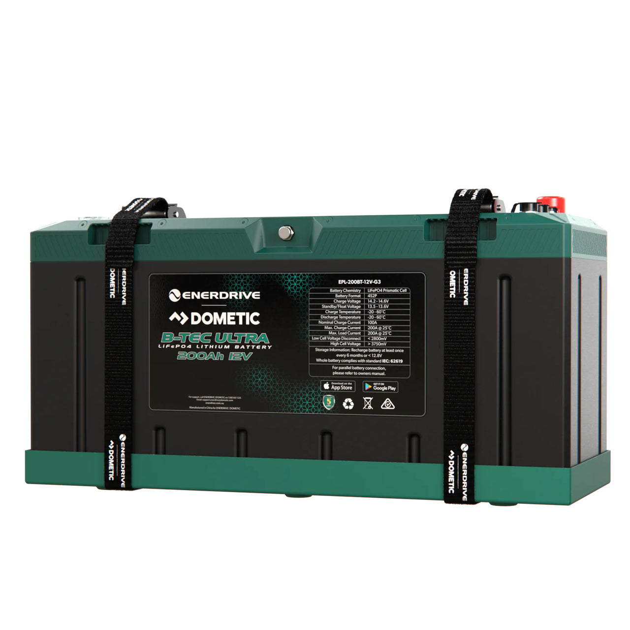 Front angle of Enerdrive 200Ah lithium battery in mounting tray with straps