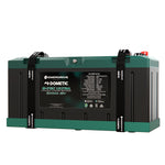 Front angle of Enerdrive 200Ah lithium battery in mounting tray with straps
