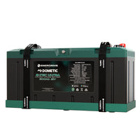 Front angle of Enerdrive 200Ah lithium battery in mounting tray with straps