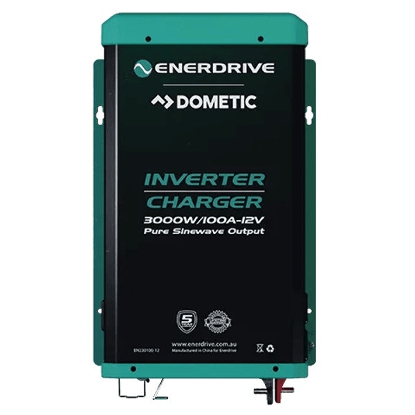 Front view of Enerdrive 3000W inverter charger showing status text and green casing