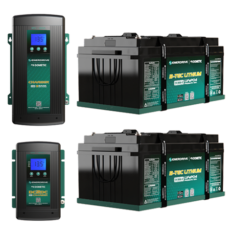 Two 300Ah B-TEC G3 lithium batteries with 60A AC charger and 50A DC-DC charger kit