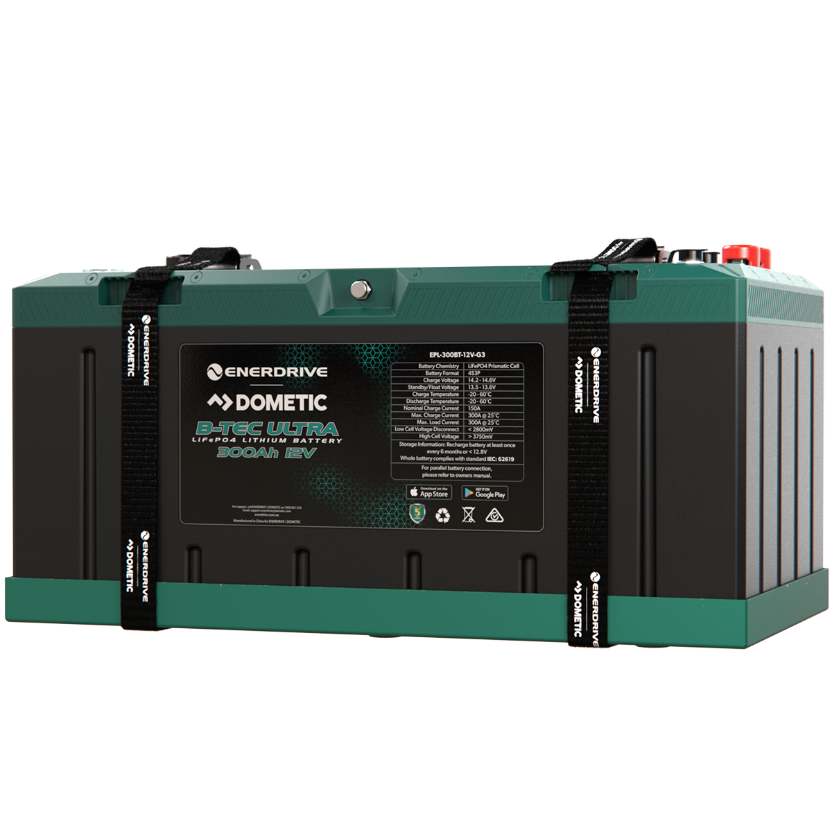 Enerdrive B-TEC Ultra 300Ah 12V IP67 waterproof lithium battery with mounting straps