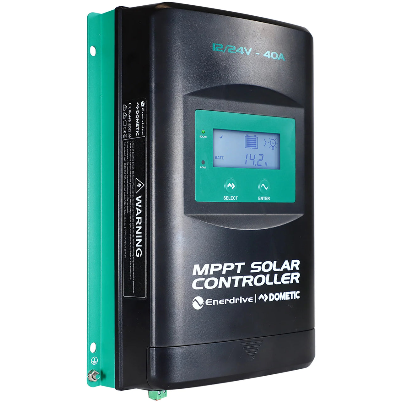 Enerdrive 40A MPPT solar charge controller featuring LCD screen, navigation buttons and side mounting flanges