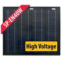 Front view of 40W monocrystalline fixed solar panel with black frame and high voltage label