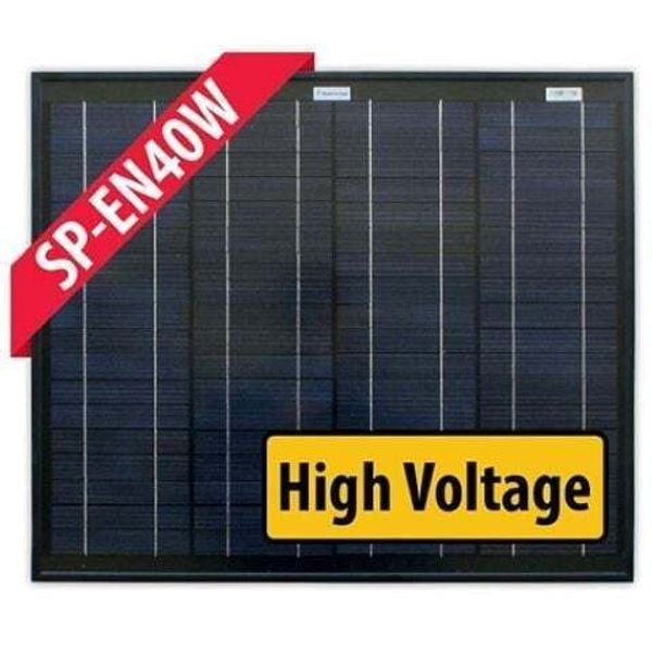 Front view of 40W monocrystalline fixed solar panel with black frame and high voltage label
